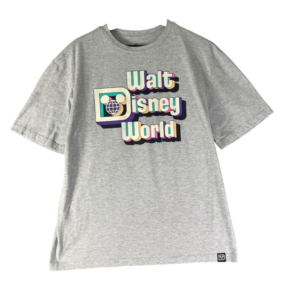 Walt Disney World Mens Large Grey Retro 3D Graphic T-Shirt‎ Mickey Globe Logo